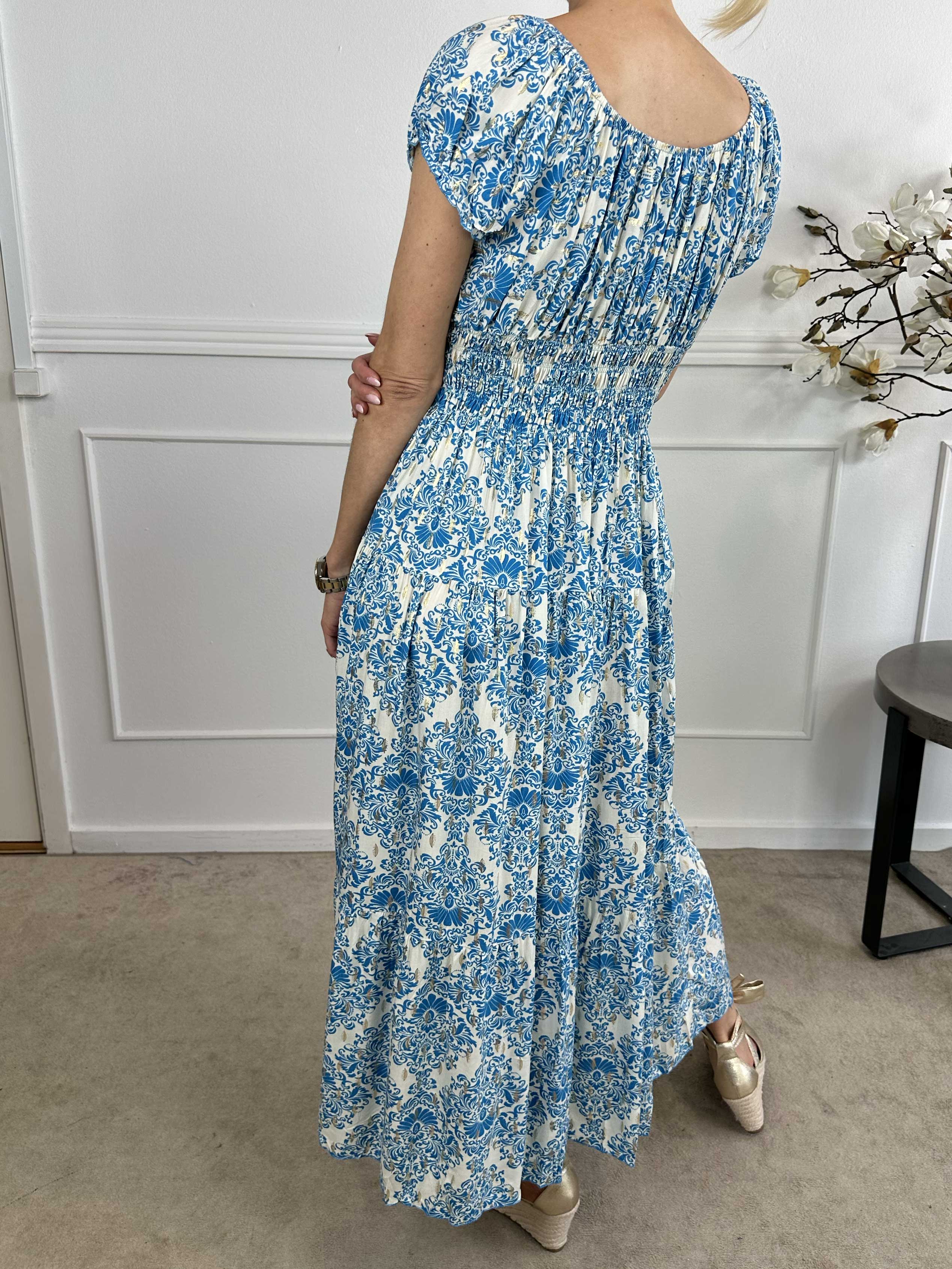 Elise - Lång mönstrad klänning med elastisk halsringning